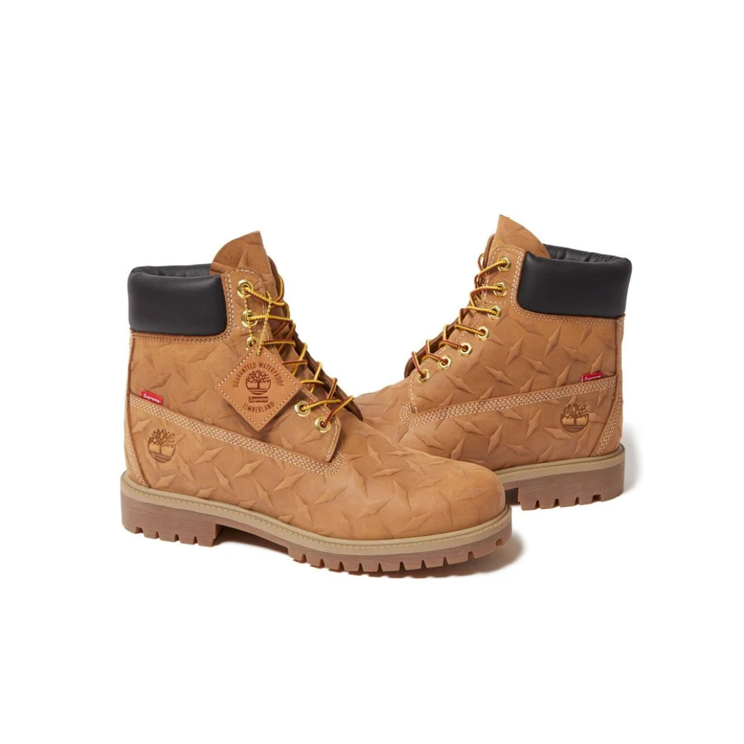 Supreme x Timberland 6 Inch Premium Waterproof Boot Embossed Diamond Plate Wheat